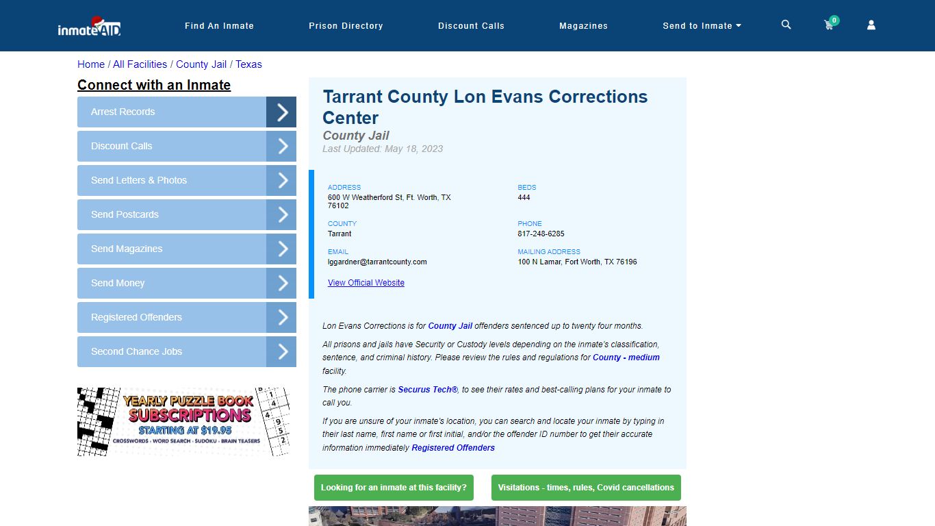 Tarrant County Lon Evans Corrections Center - Inmate Locator - Ft ...
